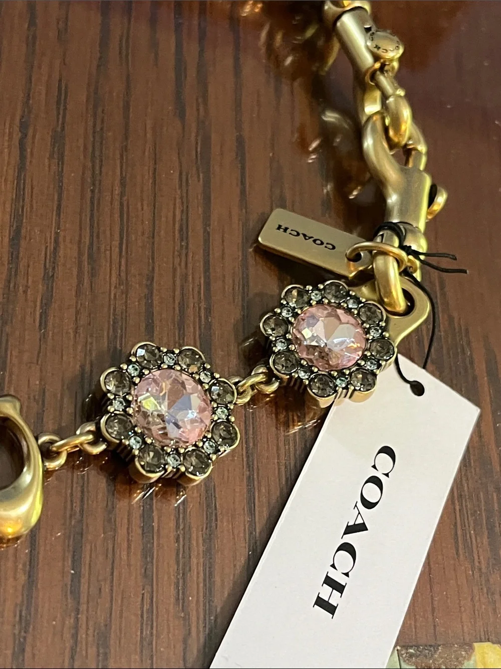 Coach Pink Crystal Floral-Link Necklace in Antiqued Gold - Picture 2 of 8